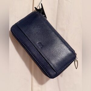 Tusk New York Navy Blue Leather Madison Double Zip Clutch 8"x5"